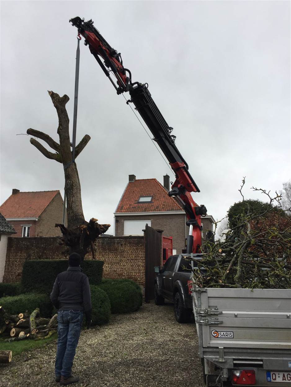 Kraanwagen aan het werk op een bedrijfsterrein, materiaal aan de giek